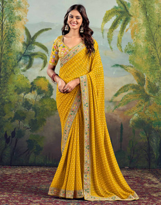 TTH Embroidered Bandhani Georgette Saree(Yellow)