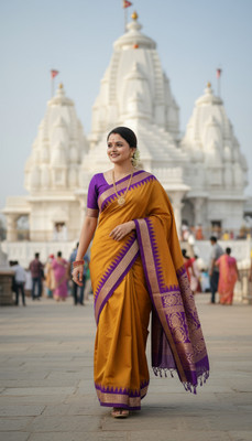 Elegancee Temple Border, Solid/Plain Sambalpuri Art Silk Saree(Mustard, Blue)