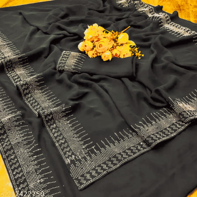 rudraCreation Dyed, Embellished, Self Design Bollywood Chiffon, Georgette Saree(Black)
