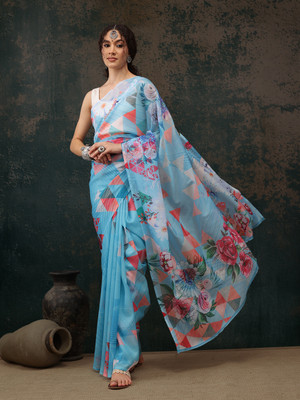 SILK ZONE Digital Print Bollywood Silk Blend Saree(Blue)