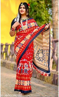 Sumit Textiles Printed Sambalpuri Handloom Cotton Blend Saree(Red)