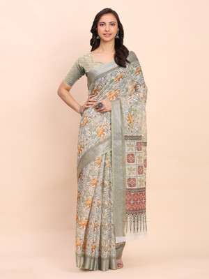 Tasrika Digital Print Kantha Cotton Linen Saree(Multicolor)