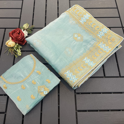EthnicAura Embroidered Bollywood Jimmy choo Saree(Light Blue)