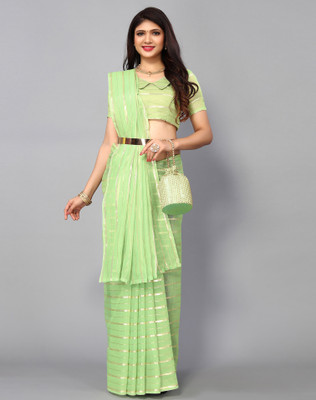 SIRIL Striped, Woven, Embellished Daily Wear Cotton Blend Saree(Light Green)