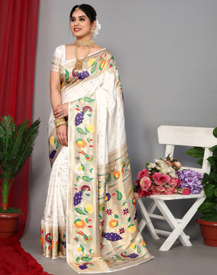 SIRIL Woven, Embellished, Self Design Paithani Silk Blend, Jacquard Saree(White, Gold, Multicolor)