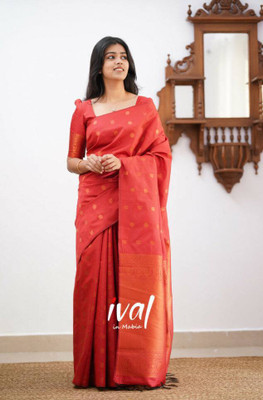 Sanwariya Silks Solid/Plain Kanjivaram Art Silk, Pure Silk Saree(Red, Cream)