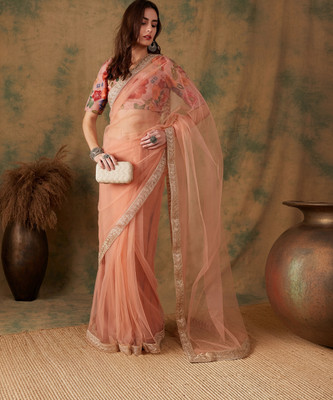 Sangria Solid/Plain Daily Wear Net Saree(Orange)