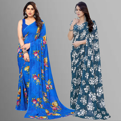 Anand Sarees Floral Print Daily Wear Georgette Saree(Pack of 2, Blue)
