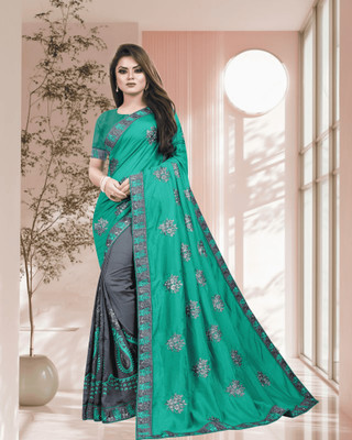 SHOBHTESH Embroidered, Self Design Venkatagiri Silk Blend, Net Saree(Light Green, Grey)