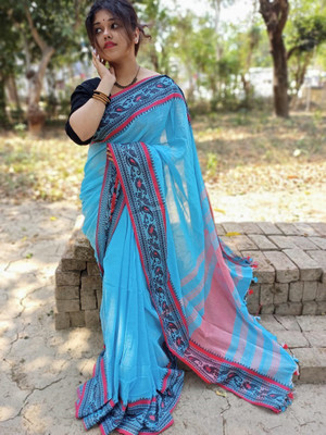 sdn Self Design Tant Pure Cotton Saree(Light Blue)