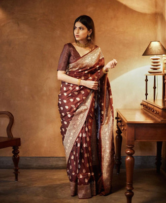ESOMIC Striped Banarasi Pure Silk Saree(Brown)