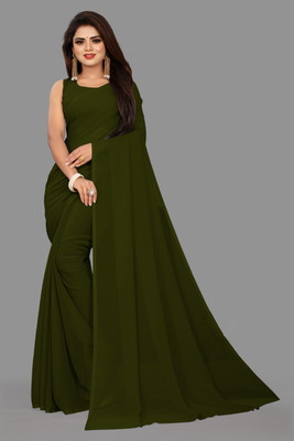 V And V Shop Solid/Plain Bollywood Georgette Saree(Dark Green)