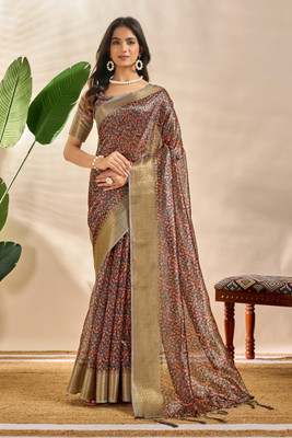 TRINETRA STUDIO Printed, Floral Print, Woven, Self Design Bollywood Silk Blend Saree(Multicolor)
