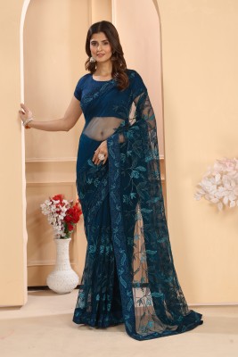 KANJIVARAM STYLE Embroidered Bollywood Net Saree(Dark Blue)