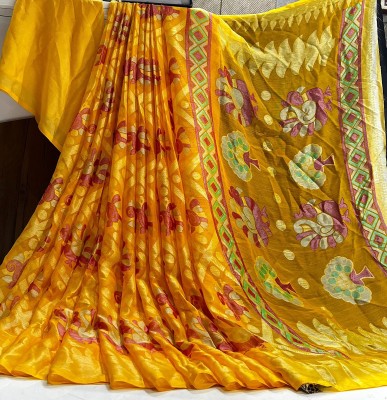 Hensi sarees shop Self Design Jamdani Chiffon, Brasso Saree(Yellow)