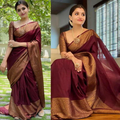 KHANJAN FASHION Geometric Print, Graphic Print, Woven Kanjivaram Silk Blend, Jacquard Saree(Maroon)