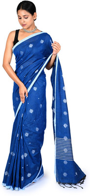 OXYMASU Self Design Handloom Cotton Blend Saree(Blue)