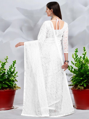 NEXA Self Design Bollywood Net Saree(White)