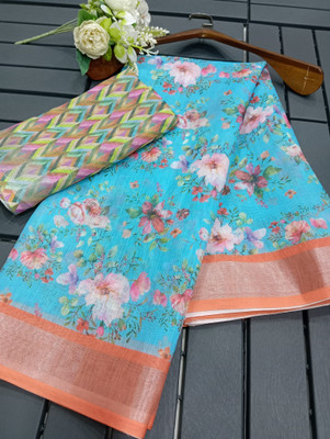 MAANVIT Woven Kanjivaram Cotton Linen, Linen Saree(Blue)