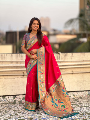 all about you Woven Paithani Silk Blend Saree(Pink)