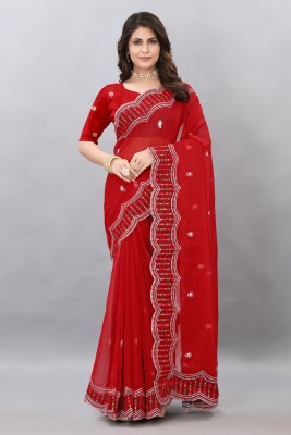 Flute Fashion Embroidered Lucknow Chikankari Organza Saree(Red)