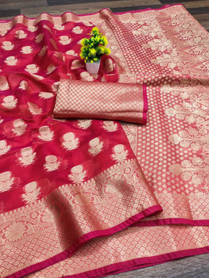 DHARM CREATION Self Design Banarasi Organza Saree(Red)