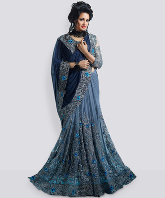 b bella creation Embroidered Bollywood Net, Art Silk Saree(Dark Blue, Grey)
