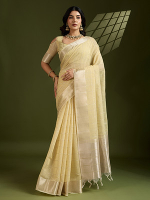 PeachPetals Printed Banarasi Cotton Silk Saree(Yellow)