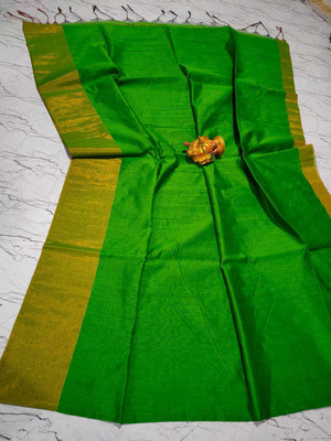 sahatextiledam Solid/Plain Handloom Cotton Blend Saree(Green)