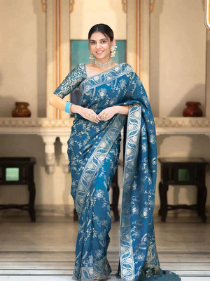 AMRUTKALA SAREES Woven Banarasi Silk Blend Saree(Blue)
