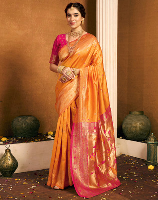 Divastri Woven, Embellished Paithani Silk Blend, Jacquard Saree(Yellow, Pink)