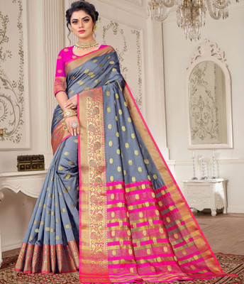 KING VULTURE Woven, Paisley, Self Design Banarasi Pure Silk, Cotton Silk Saree(Grey)