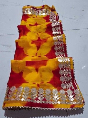 HouseOfCommon Self Design, Hand Painted, Blocked Printed, Geometric Print, Polka Print Hand Batik Chiffon Saree(Red, Yellow)