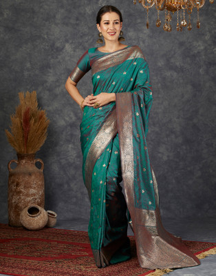 all about you Woven, Self Design Banarasi Silk Blend Saree(Dark Green, Gold)