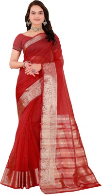 PEACOCK FASHION Self Design Banarasi Organza, Jacquard Saree(Red)