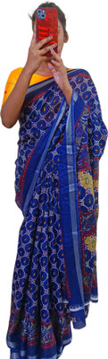 SREE VASTRA Blocked Printed Daily Wear Cotton Silk, Mulmul Saree(Blue)