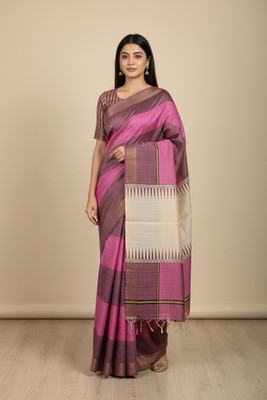 Fabloom Floral Print, Printed, Solid/Plain Handloom Tussar Silk Saree(Pink)