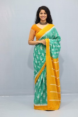 NIKHILAM Printed Daily Wear Pure Cotton Saree(Green, Yellow)