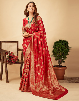 Samah Woven, Embellished Banarasi Silk Blend, Jacquard Saree(Red)