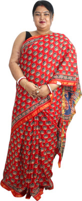 Generative Floral Print Chanderi Pure Cotton Saree(Red)