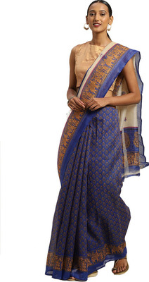 Suali Printed Kalamkari Silk Blend Saree(Blue)
