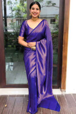 GREEN PEARS Self Design Banarasi Silk Blend Saree(Blue)