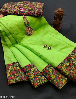 ASHA ENTERPRISE Solid/Plain Chanderi Cotton Blend Saree(Light Green)