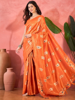 ShopGlobal Printed Mysore Polyester Saree(Orange)