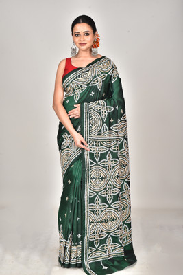 Ramshyam Collection Printed Kantha Pure Silk Saree(Dark Green)