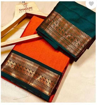 Bieth Woven, Striped, Solid/Plain Banarasi Cotton Silk, Jacquard Saree(Orange)