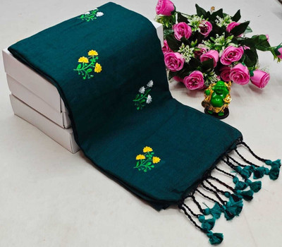 CommonHouseee Embroidered, Solid/Plain Handloom Khadi Saree(Dark Green)