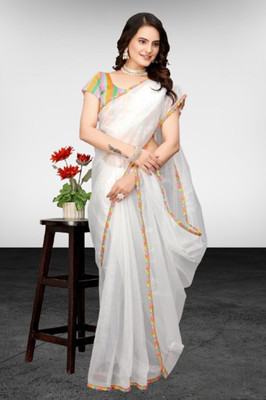 JSItaliya Striped Bollywood Net Saree(White)