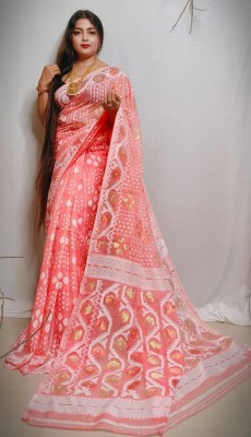 matri textile Woven Jamdani Cotton Silk Saree(Orange)