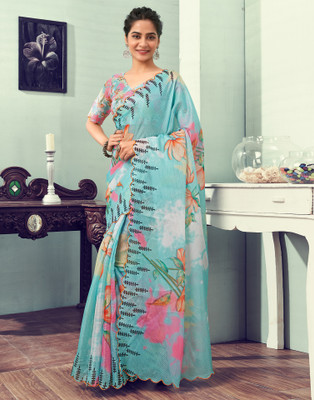 all about you Floral Print, Printed Kota Doria Cotton Blend Saree(Blue, Multicolor)